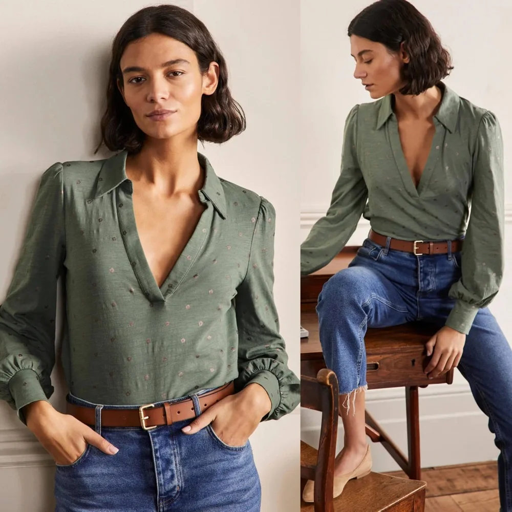 Boden Olive Green V-Neck Long Sleeve Blouse